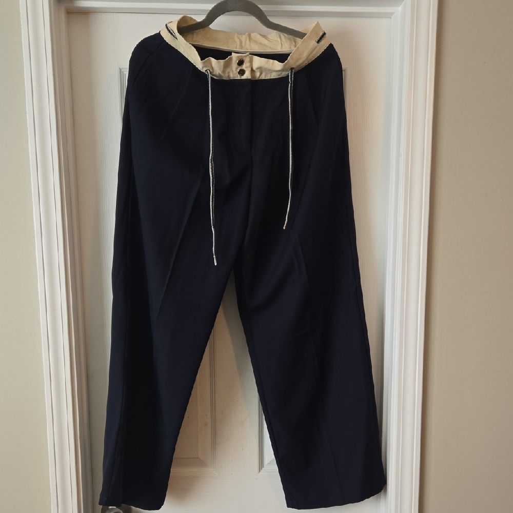 Relaxed Wide-Leg Trousers with Cream Drawstring Waist - Navy
